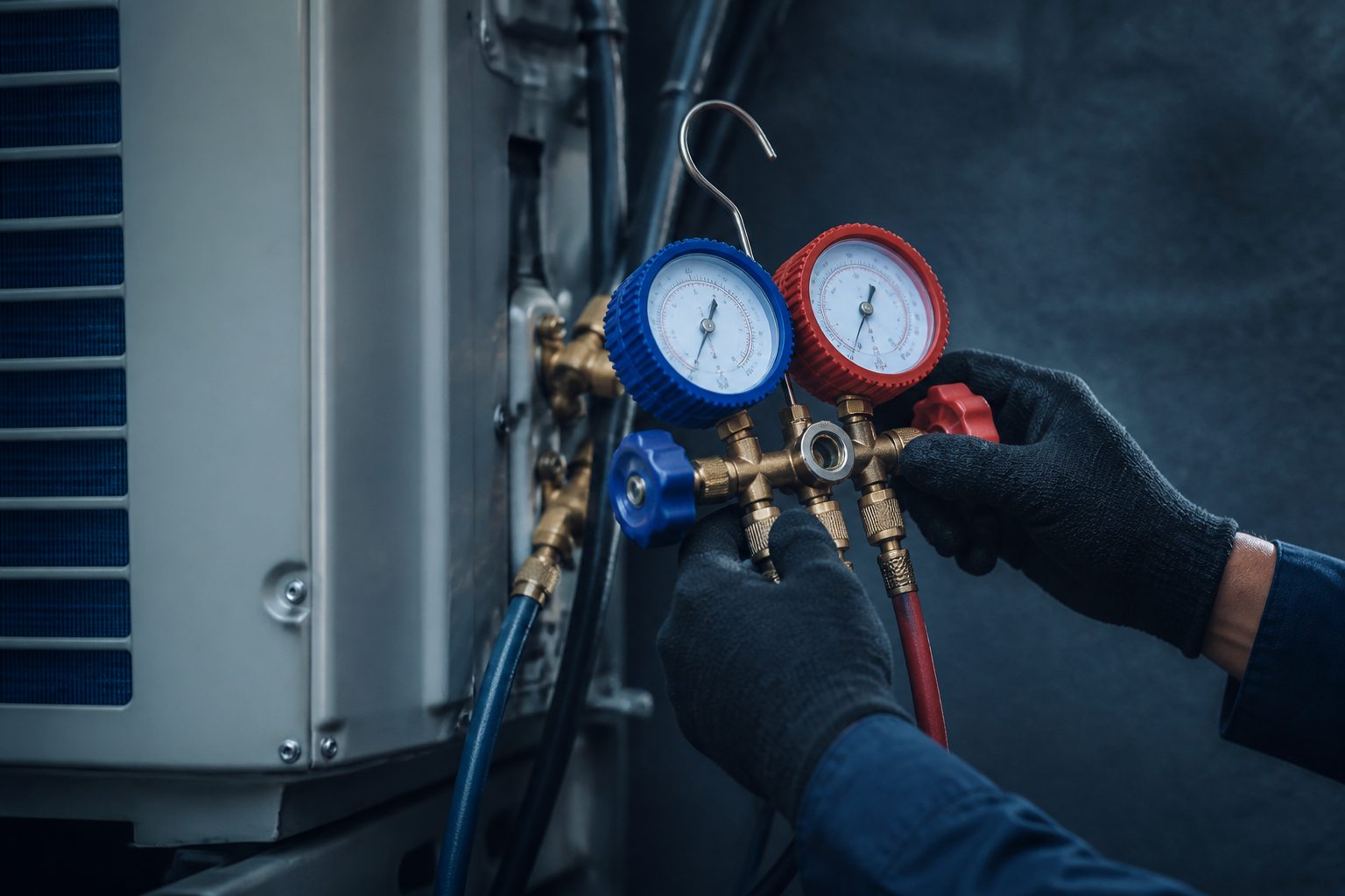 HVAC tech with gauges on outdoor condenser