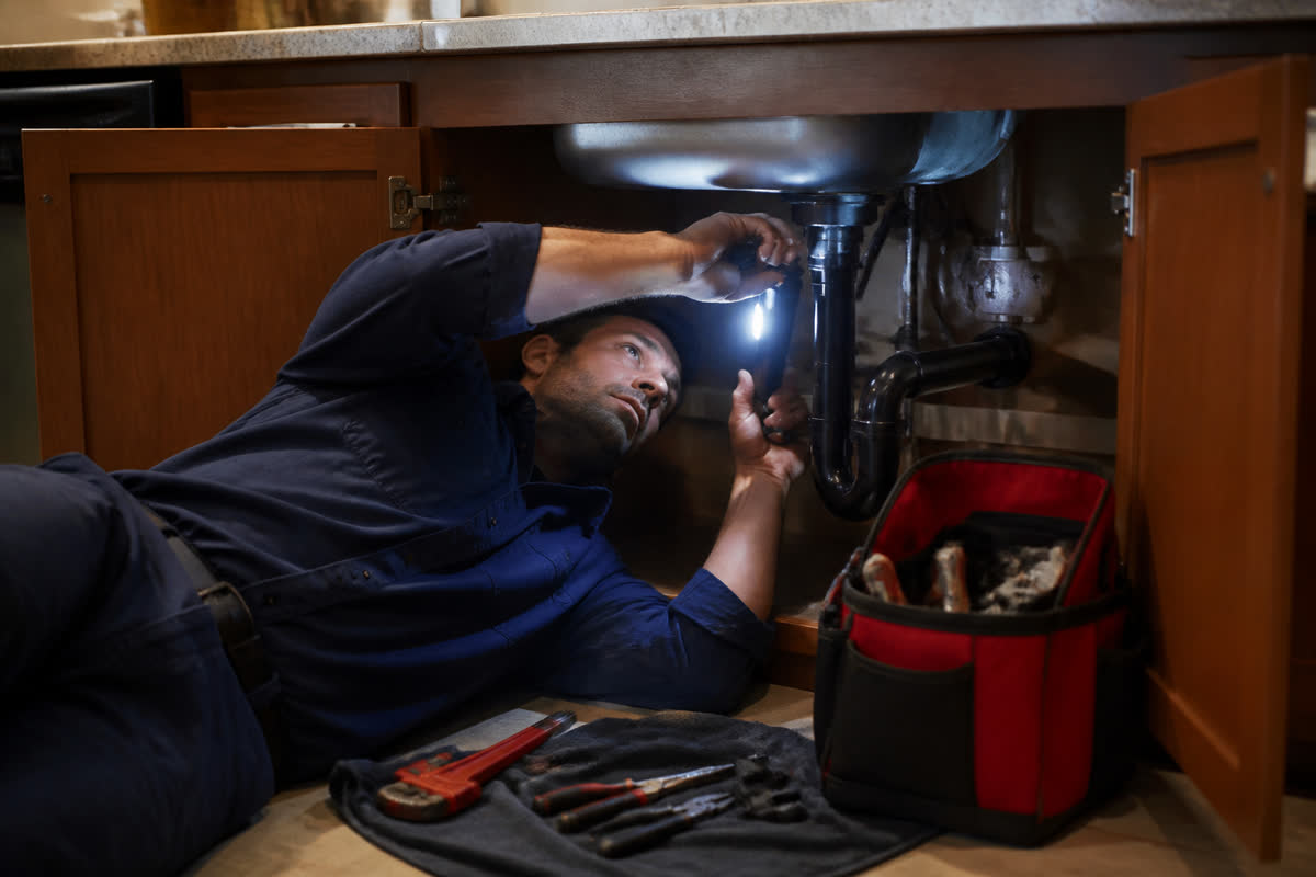 Technician working under a sink